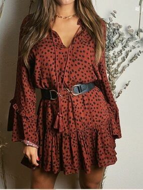 Rust Polka Dot Long-Sleeve Ruffle Mini Dress